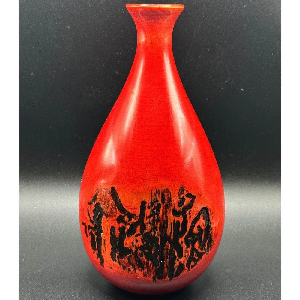 Signed Hand Turned Birch Wood Bud Vase‎ Red Burnt Live Edge Nature Artisan MCM